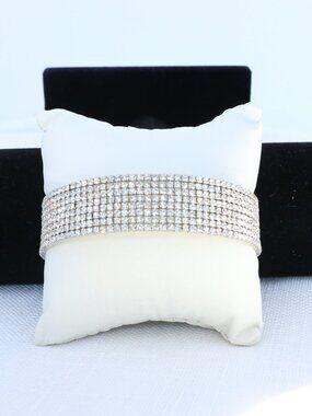Wide Rhinestone Cuff Bracelet Silver Multi Row Crystal Statement Bracelet Glam
